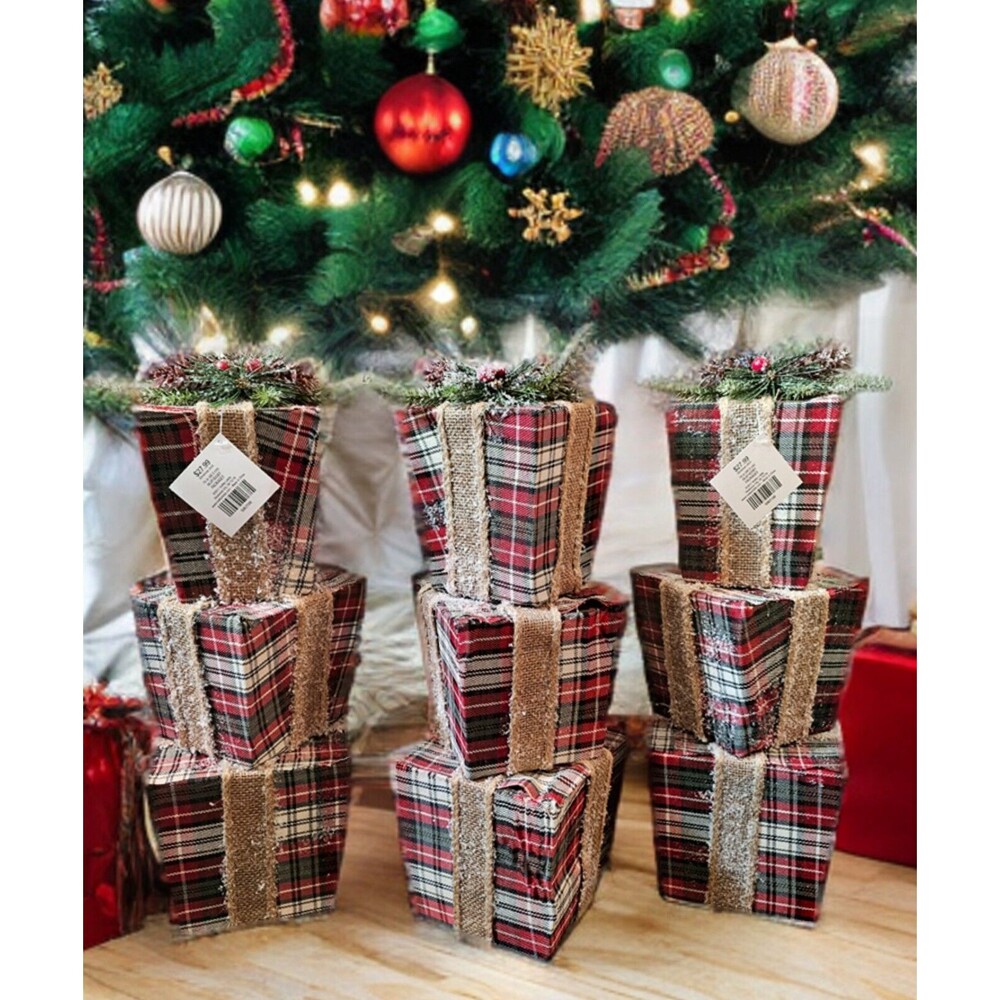 Stackable Plaid Christmas Three Present Holiday Decoration